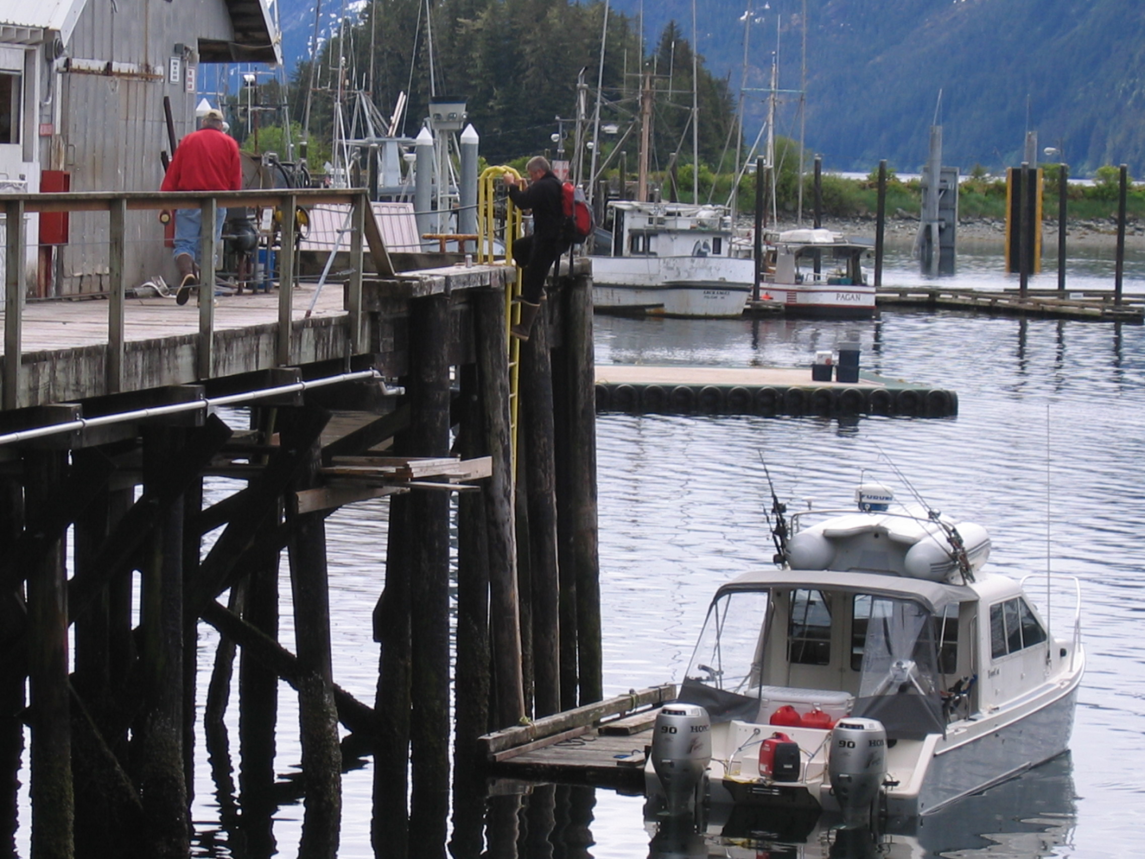 Climbing the ladder in Pelican to the fuel dock