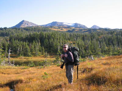 John hiking back to the beach on Montague Island.