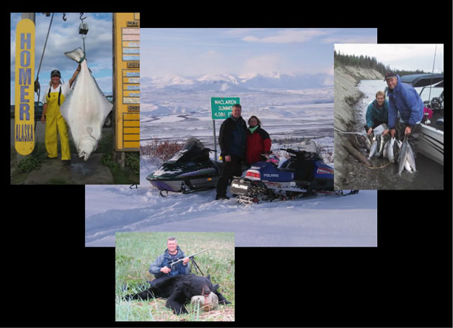 Our adventures include halibut fishing, bear hunting, King, Red, and Silver  salmon fishing on the Kenai River, snowmobiling Alaska, white water rafting, shrimping in Prince William Sound, digging clams from Homer and Clam Gulch.  