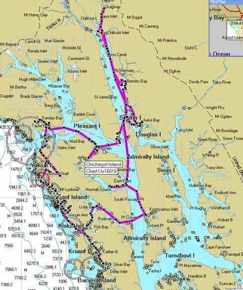 Overview of our entire planned routing around Baranof, Chichagof and Admirilary Islands